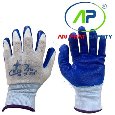 NAVI-Găng tay polyester phủ PU Natri lòng (trắng-xanh) 35 g Size M